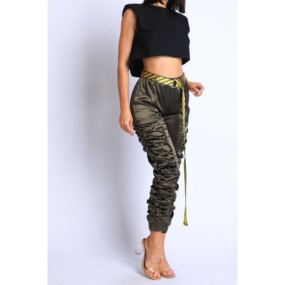 Women's Casual Satin Shirring Long Cuffed Pants With Belted Daily Outdoor Comfy - Picture 2 of 12